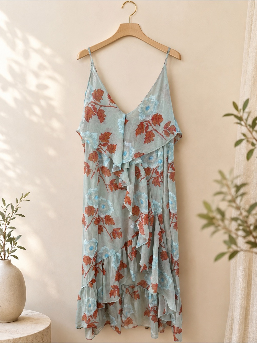 NWT Free People Light Blue Floral Ruffle Slip Dress